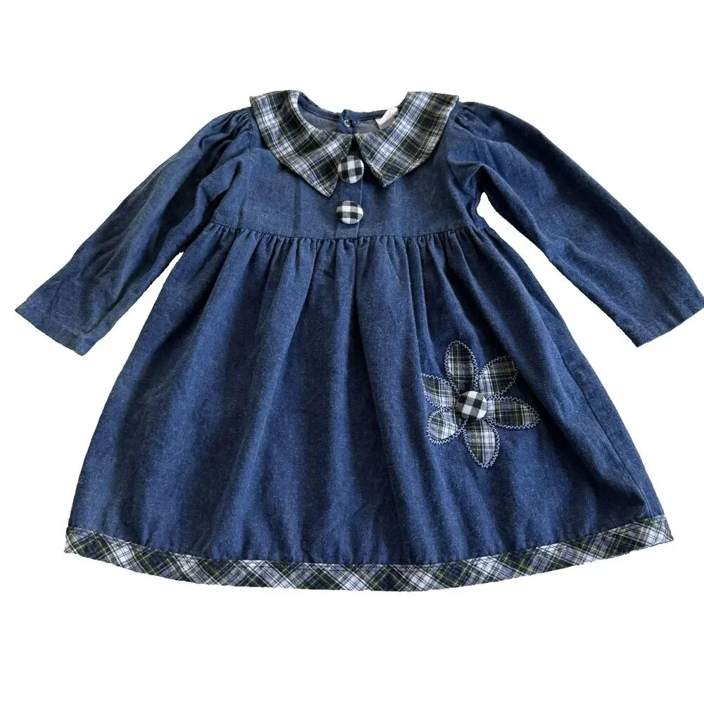 Buster Brown Girls 6 Denim Dress Floral Green Plaid Accents Embroidered Vtg USA